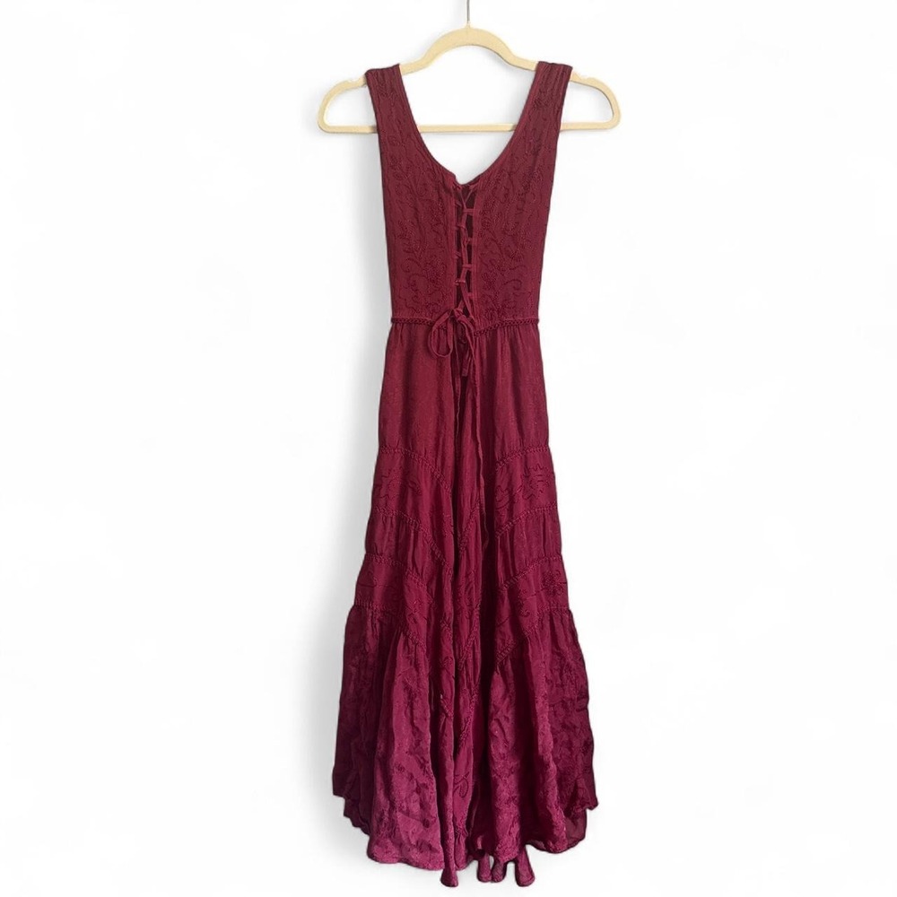 Scully Red Burgundy Embroidered Boho Maxi Dress Lace Up Back Womens Small India